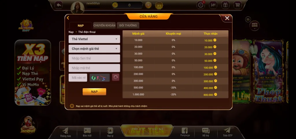 nạp tiền thẻ điện thoại new66